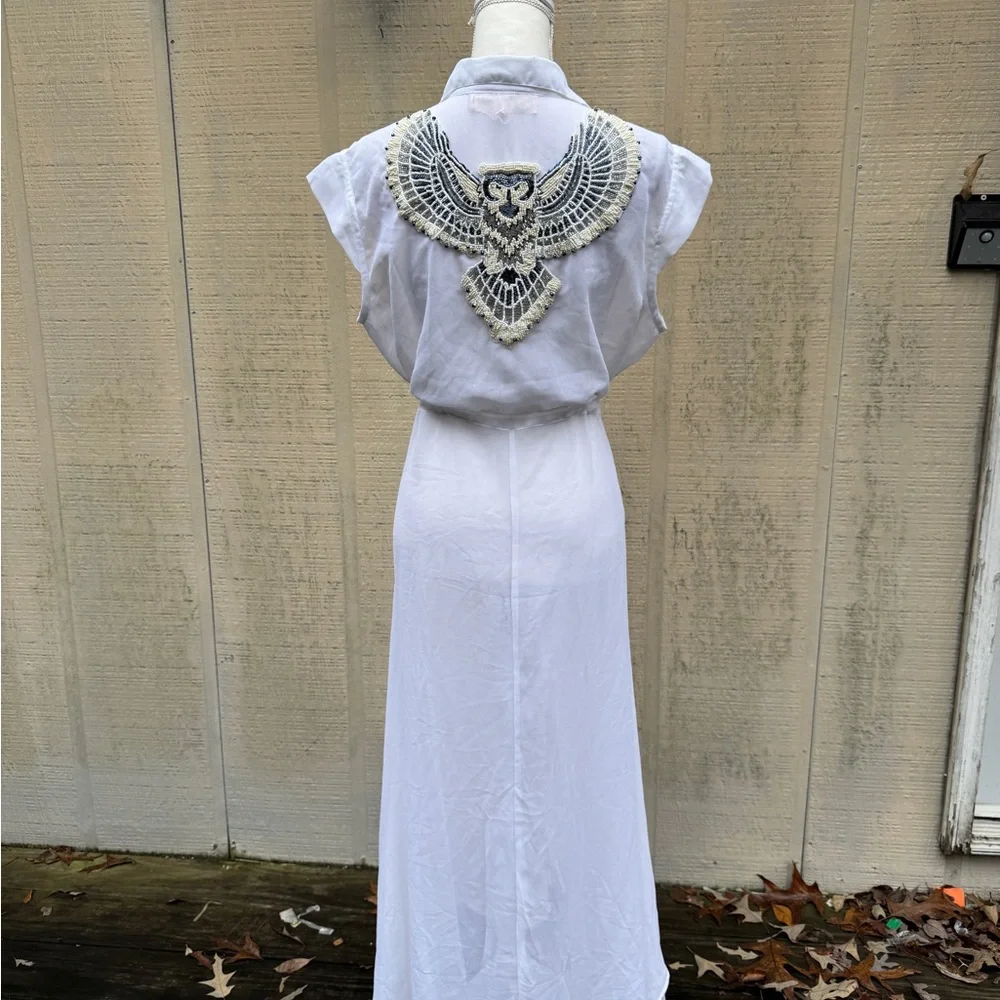 White Beaded Owl Design Short Sleeve Sheer Maxi Dress/Jacket - Picture 3 of 10